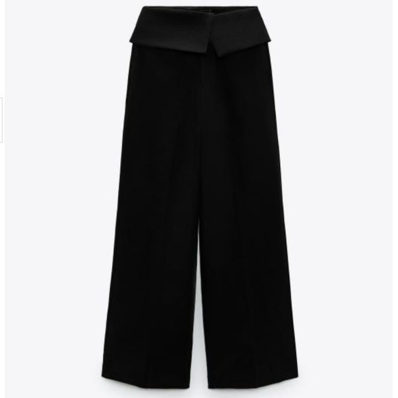 ZARA HIGH RISE FOLD DOWN WAISTBAND BLACK LONG LINEN BLEND PANT TROUSERS - Picture 2 of 8